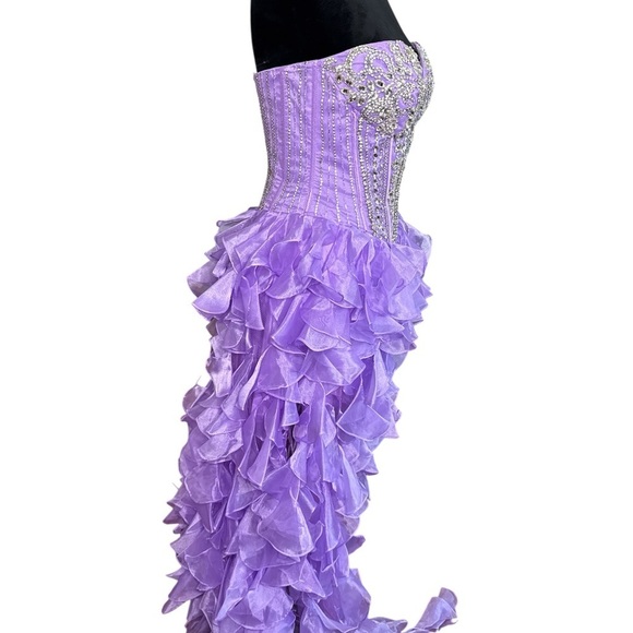 Sherri Hill Beaded Strapless Gown – Lavender Ruffle High-Low Prom/Pageant Dress - Picture 5 of 10